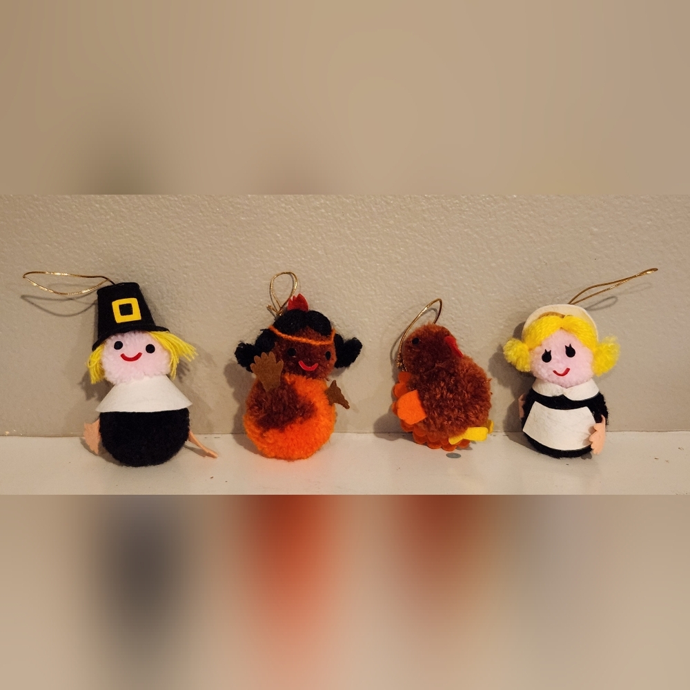 Vintage Thanksgiving Set of Pom Pom Ornaments Pilgrims, Turkey, Native American